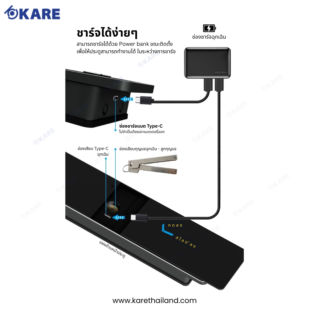 Digital door lock i886 Type-C Charging KARE กลอนประตูดิจิทัล กลอนประตูดิจิตอล Digital Door Lock รุ่น i886 มีช่องชาร์จแบต Type-C ชาร์จได้ง่ายๆ