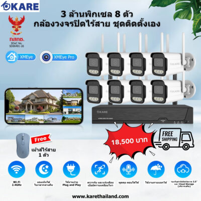 กล้องวงจรปิด Wi-Fi ไร้สาย ชุดติดตั้งเอง 8 ตัว 3 ล้านพิกเซล พูดคุยตอบโต้ได้
